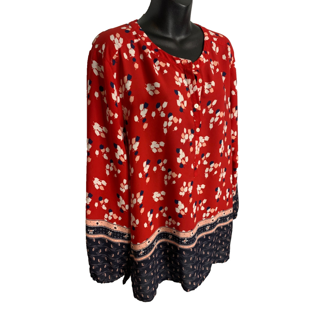 Loft Outlet Women's XL Long Sleeve Red Floral Print Blouse & Navy - Picture 2 of 8